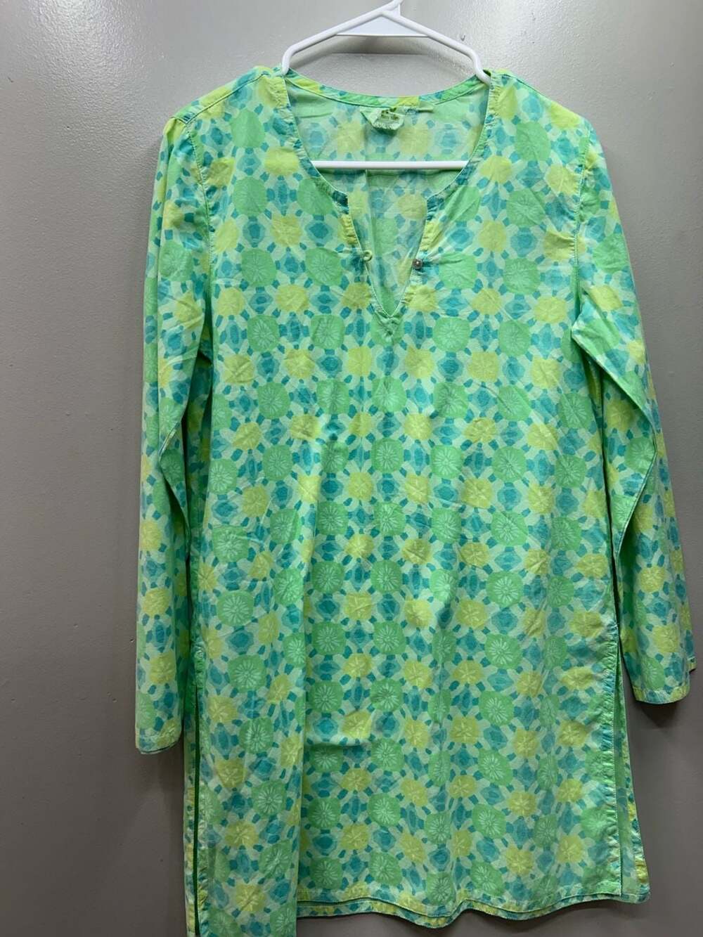 ME Mary Ellen Green Geometric Floral Printed Cotton Tunic Top